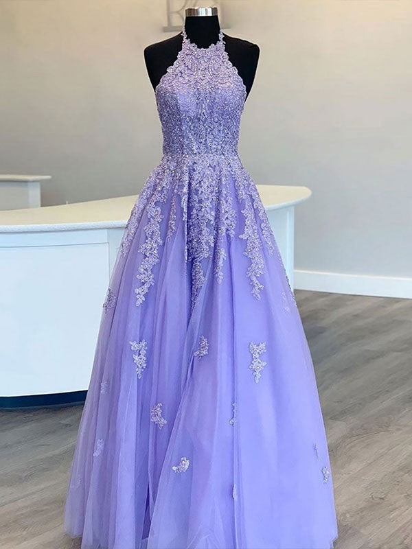 Wholesale A-Line/Princess Tulle Applique Halter Sleeveless Floor-Length Dresses